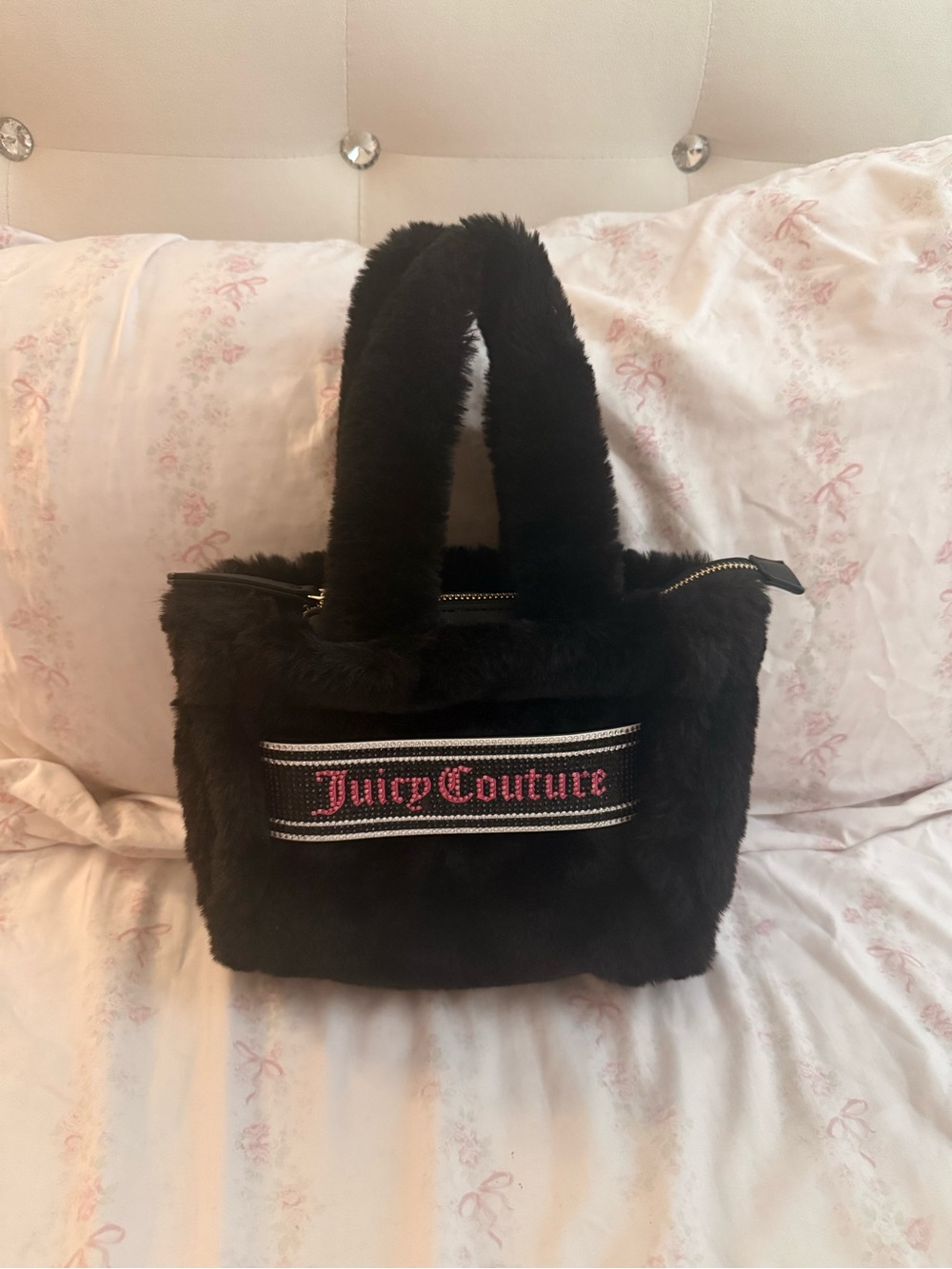 Juicy Couture Black Faux Fur Tote with Pink Logo Trim